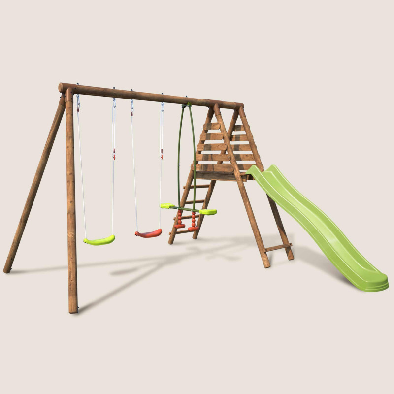 Portique en bois avec plateforme 3 agrès avec face à face et toboggan - Violaine