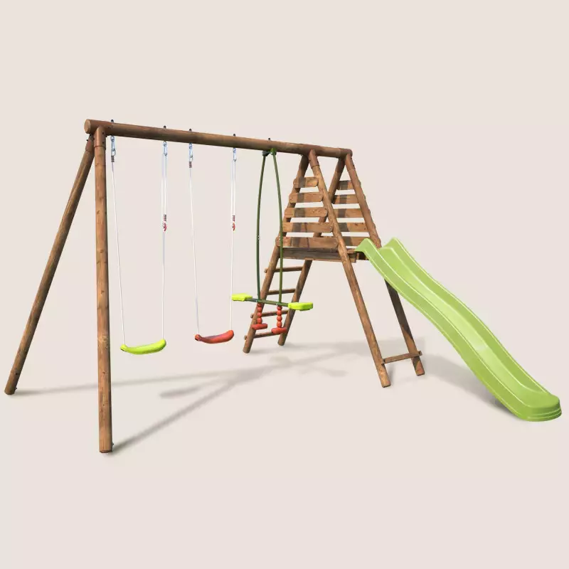 Portique en bois avec plateforme 3 agrès avec face à face et toboggan - Violaine