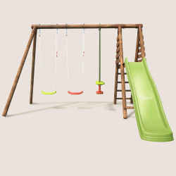 Portique en bois avec plateforme 3 agrès avec face à face et toboggan - Violaine