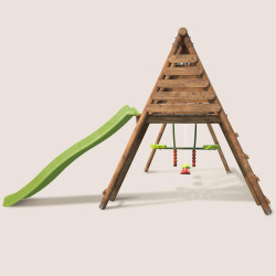 Portique en bois avec plateforme 3 agrès avec face à face et toboggan - Violaine - Vue de côté