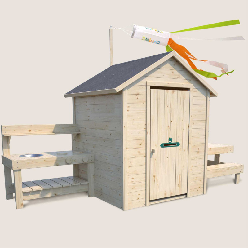 Cabane en bois avec table et cuisine pour enfants BLANCHE - Vue 3/4 droite