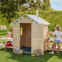 Cabane en bois avec table et cuisine pour enfants BLANCHE - Vue ambiance extérieur