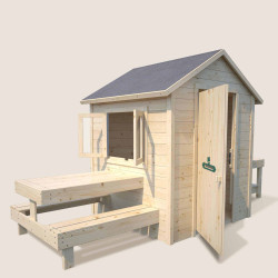 Cabane maisonnette en bois avec table et mini-cuisine pour enfants – Blanche - Vue coté table