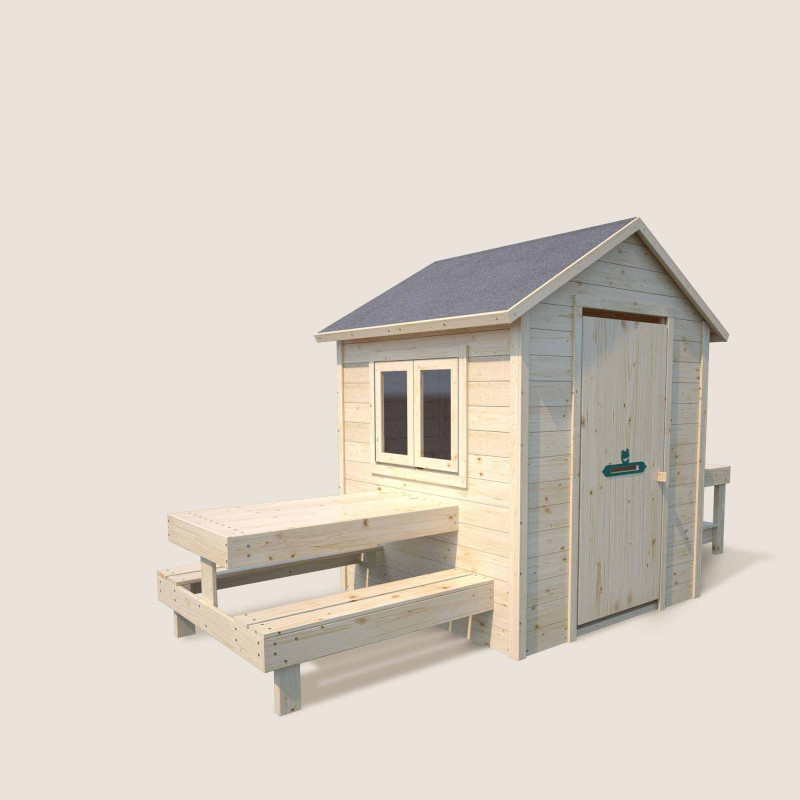 Cabane en bois avec table et cuisine pour enfants BLANCHE - Vue 3/4 droite