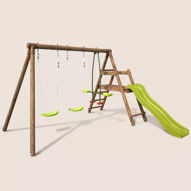 Portique balançoire en bois 3 agrès avec face à face FIGUIER - Vue de côté