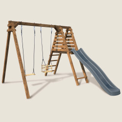 Balançoire avec toboggan en bois traité carré, Objectif Nature 2 agrès - Prune - Vue 3/4 droite