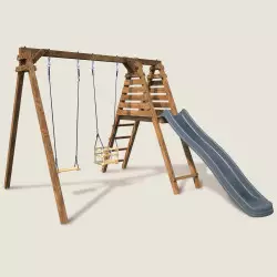 Balançoire en bois 2 agrès avec balançoire bébé et toboggan PRUNE