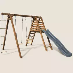 Balançoire en bois 3 agrès balançoire bébé, corde disque et toboggan FLEUR