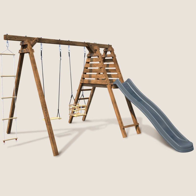 Balançoire avec toboggan en bois traité carré, Objectif Nature 3 agrès - Fleur - Vue de 3/4
