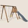 Balançoire avec toboggan en bois traité carré, Objectif Nature 3 agrès - Fleur - Vue de 3/4