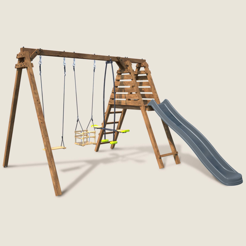 Balançoire avec toboggan en bois traité carré, Objectif Nature 3 agrès - Trèfle - Vue 3/4 droite