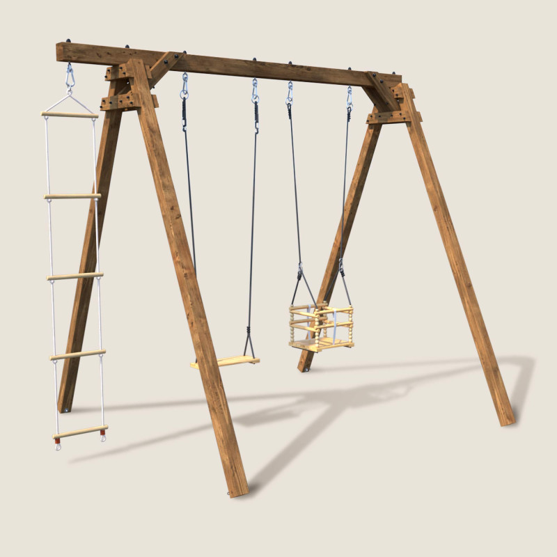 Portique balançoire en bois carré, Objectif Nature 3 agrès - Ulysse - Vue de 3/4