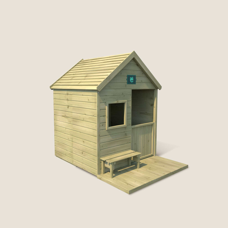 Cabane maisonnette en bois traité avec terrasse et banc enfant - Heidi - Vue d'ensemble