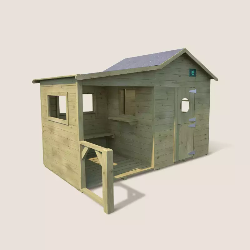 Cabane en bois traité pour enfant avec préau et banc - Hacienda - Vue d'ensemble