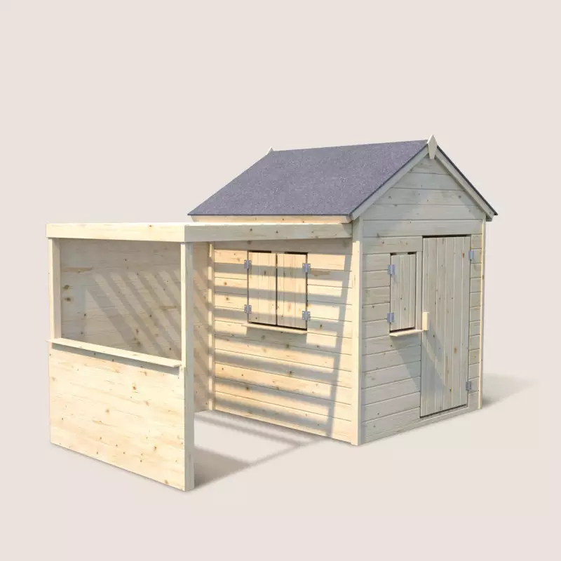 Cabane maisonnette en bois avec pergola pour enfants Alpaga - Vue de côté - Porte ouverte