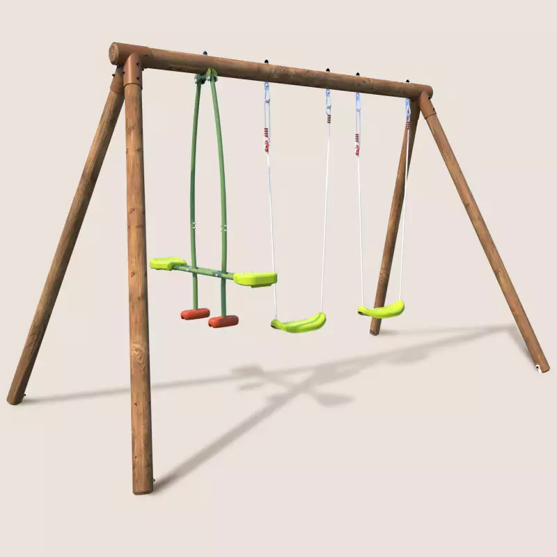 Portique balançoire en bois traité 3 agrès - Pakko - Vue 3/4 droite