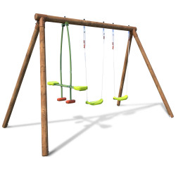 Portique balançoire en bois traité 3 agrès - Pakko - Vue 3/4 droite - Fond blanc