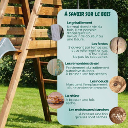 Balançoire avec toboggan en bois traité carré, Objectif Nature 2 agrès - Prune - Informations relatives au bois