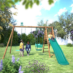 Balançoire en bois 3 agrès avec face à face et toboggan NARCISSE