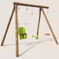 Portique balançoire en bois 3 agrès vert clair avec siège bébé et corde disque TIAGO