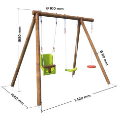 Portique balançoire 3 agrès avec balançoire disque - TIAGO - couleur vert clair - Vue dimensions