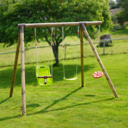 Portique balançoire 3 agrès avec balançoire disque - TIAGO - couleur vert clair - Vue 3/4 droite - ambiance