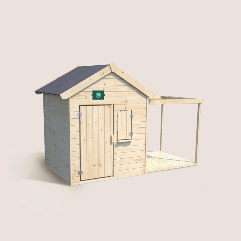 Cabane en bois avec pergola et plancher pour enfants Epicerie avec porte battante et petite fenêtre sur la face avant