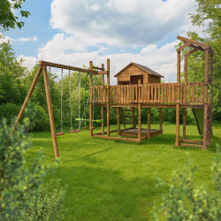 aire de jeux cottage dans un jardin avec partie balançoire et cabane perchée