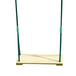 Balançoire en bois vernis avec cordes vertes foncées réglables sur fond blanc avec ombres