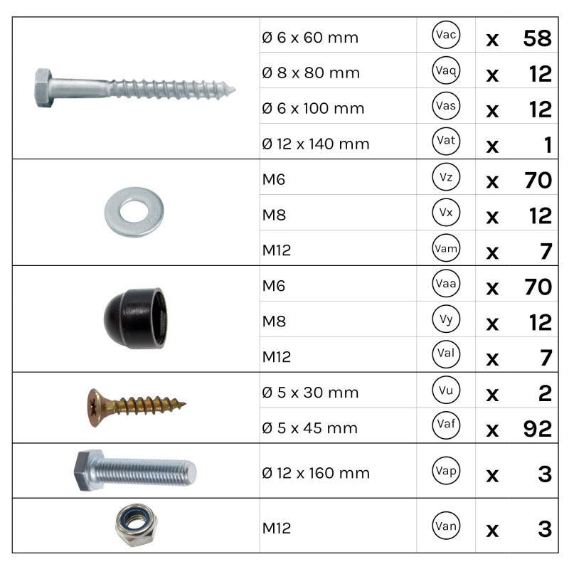 Visserie complète pour le montage d'une balançoire à poutres carrées Soulet