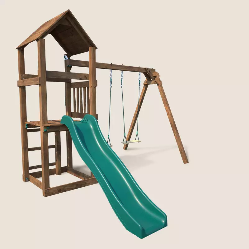 Aire de jeux en bois avec balançoire et toboggan – Nouméa - 2 balançoires avec assises en bois