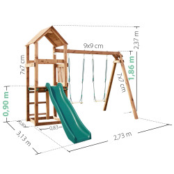 Aire de jeux en bois avec balançoire et toboggan – Nouméa - 2 balançoires avec assises en bois - Dimensions du produit