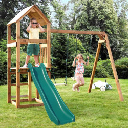 Aire de jeux en bois avec balançoire et toboggan – Nouméa - 2 balançoires avec assises en bois - Enfants s'amusant sur la struct