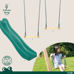 Aire de jeux en bois avec balançoire et toboggan – Nouméa - 2 balançoires avec assises en bois - Accessoires inclus