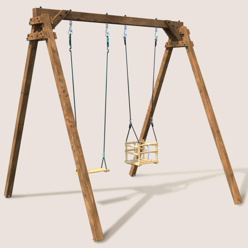 Portique balançoire en bois traité carré, 2 agrès - Ambre - Vue 3/4 droite