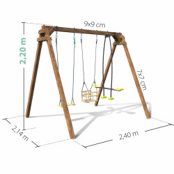 Portique balançoire en bois traité carré, Objectif Nature 3 agrès - Pierre - Dimensions