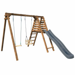 Balançoire avec toboggan en bois traité carré, Objectif Nature 2 agrès - Prune - Vue 3/4 droite - Fond blanc