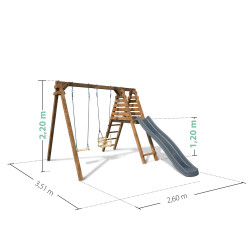 Balançoire avec toboggan en bois traité carré, Objectif Nature 2 agrès - Prune - Dimensions du produit