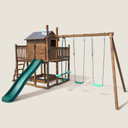 Aire de jeux avec cabane sur pilotis, portique 3 agrès et toboggan COTTAGE