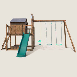 Grande aire de jeux en bois avec cabane sur pilotis vue de face avec long toboggan