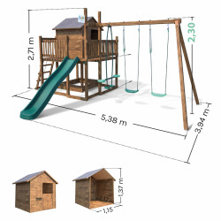 Dimensions hors tout de l'aire de jeux et extérieur et intérieur cabane pour enfants de 3 à 12 ans