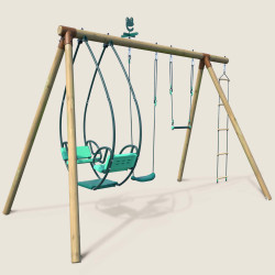Vue principale de la balançoire en bois Julie avec 4 agrès incluant trapèze et échelle, structure de jeu extérieure pour enfants