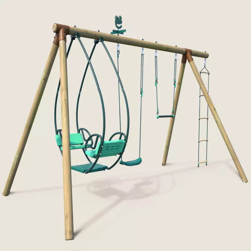 Vue principale de la balançoire en bois Julie avec 4 agrès incluant trapèze et échelle, structure de jeu extérieure pour enfants