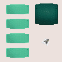 Vue détaillée des éléments du kit pour balancelle avec assises, dossiers, repose-pieds et visserie