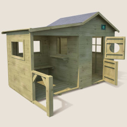 Cabane en bois traité pour enfant avec préau et banc - Hacienda - Vue côté, portes ouvertes
