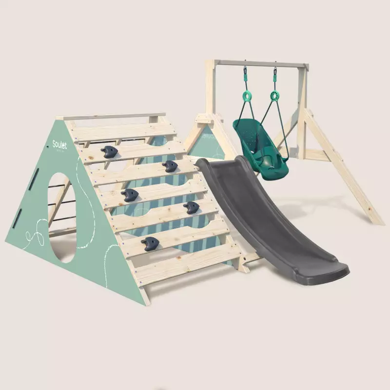Aire de jeux bébé OLYMPE vue 3/4 avec escalade, tipi et toboggan