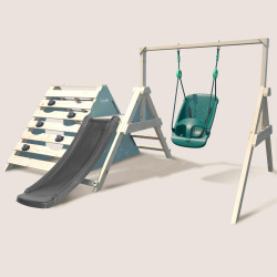 Aire de jeux bébé OLYMPE vue 3/4 avec siège bébé LILLY installé