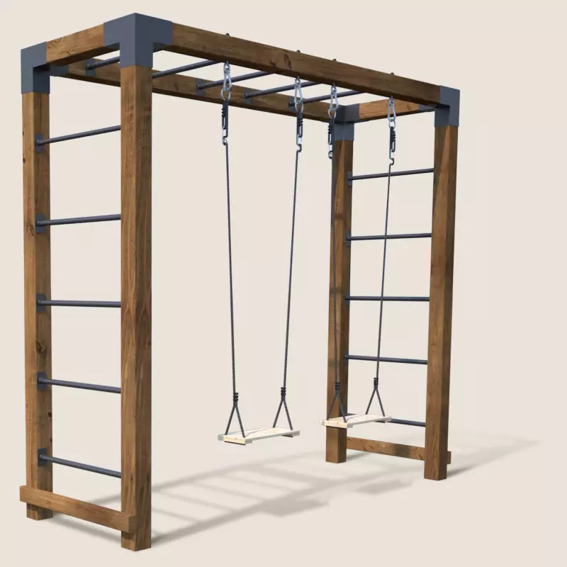 Aire de jeux multi-activités HECTOR en bois avec 2 balançoires réglables vue 3/4 fond beige