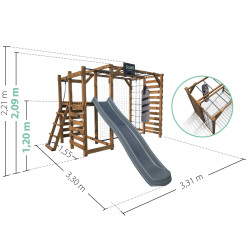 Dimensions de l’aire de jeux multisport ACHILLE avec toboggan et mur d’escalade