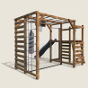 Vue arrière 3/4 de l’aire de jeux ACHILLE avec cage de foot et mur d’escalade